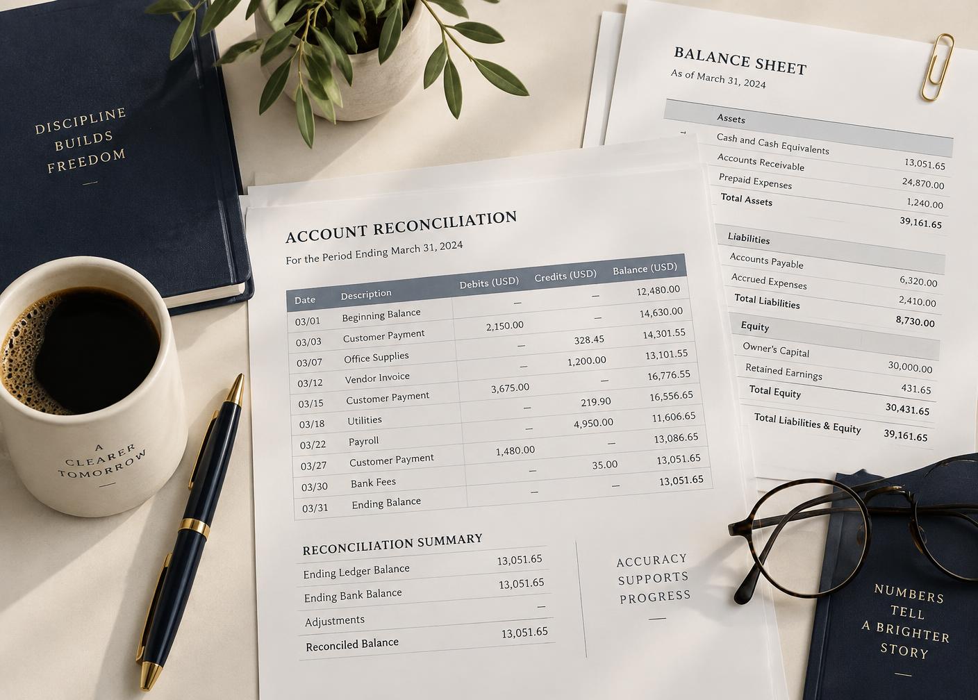 Reconciliation documents on a desk